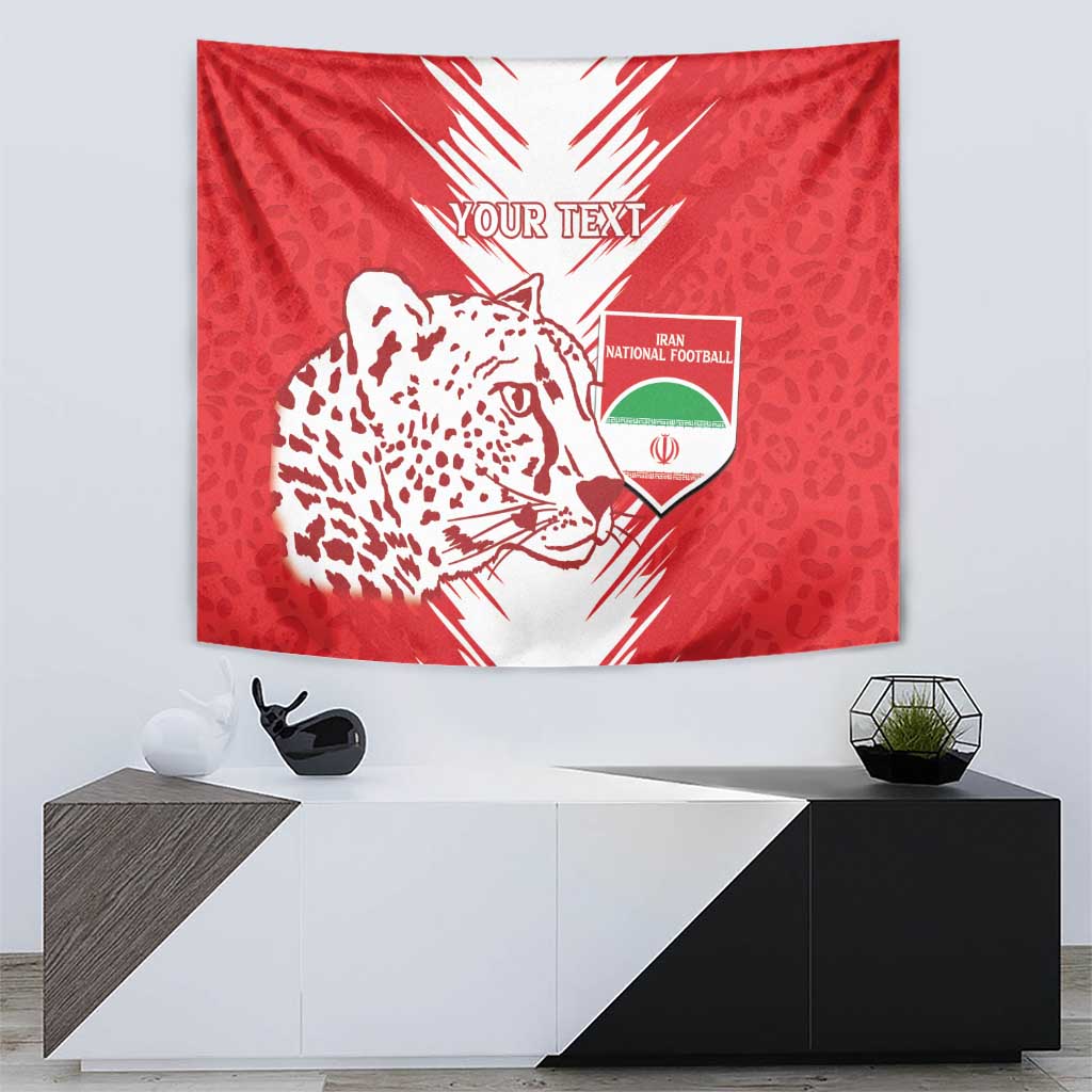 Red football tapestry with leopard-pattern cat face, crest and 'YOUR TEXT' at top