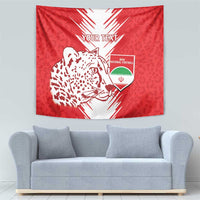 Red Iran football tapestry with leopard-pattern animal face, crest and 'YOUR TEXT'