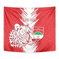 Red wall tapestry featuring leopard-pattern cat illustration, football crest and 'YOUR TEXT'