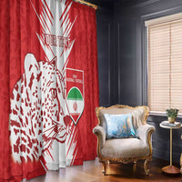 Red window curtain panels with white leopard design and Iran football emblem, floor to rod.