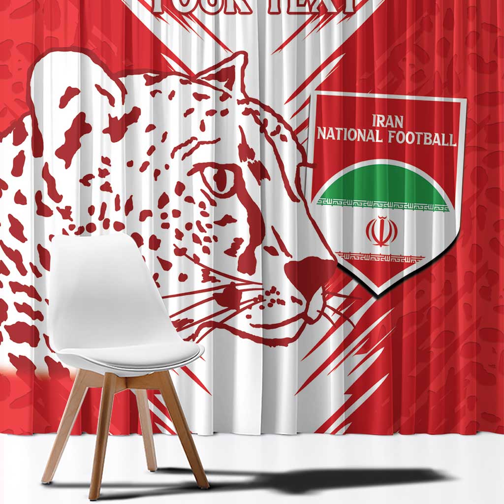 Close-up of red and white football window curtain panel with leopard splash artwork.