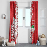 Red pair of window curtains with white leopard pattern and Iran national football shield.