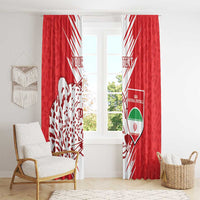 Red window curtains with white leopard pattern and Iran national football shield design.