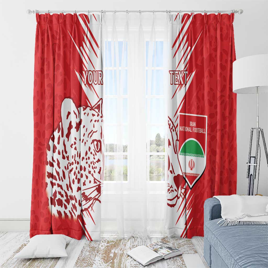 Pair of red window curtains with white leopard print and Iran football shield graphic.