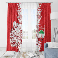 Pair of red window curtains with white leopard print and Iran football shield graphic.
