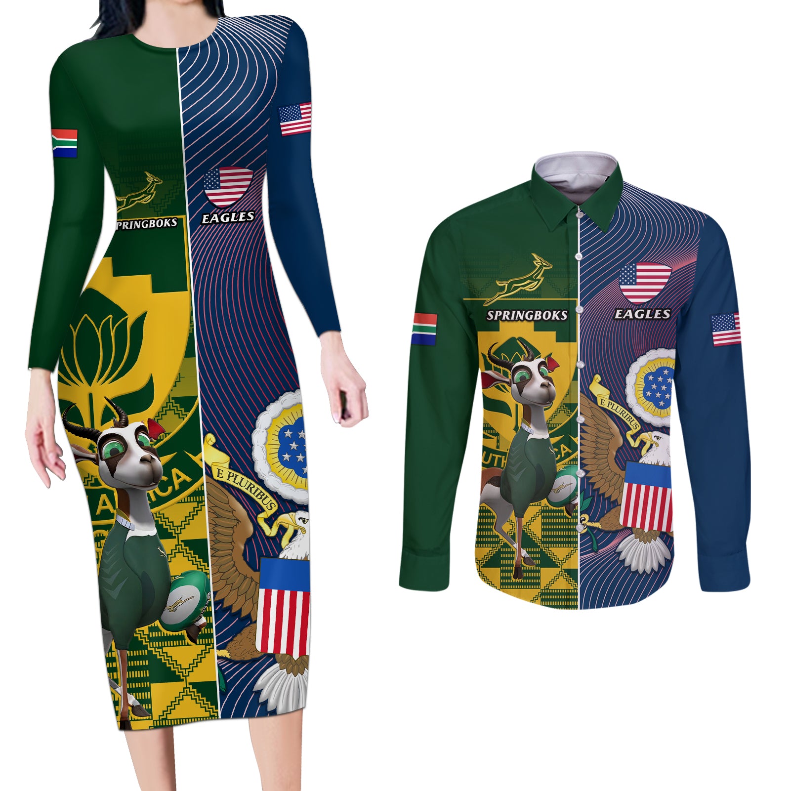 South Africa And United States Rugby Couples Matching Long Sleeve Bodycon Dress and Long Sleeve Button Shirts 2023 Springboks Combine Eagles - Wonder Print Shop