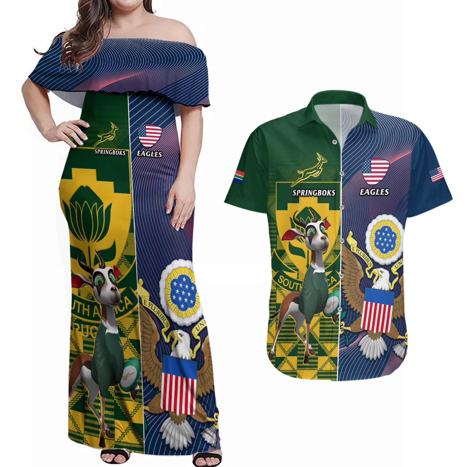 South Africa And United States Rugby Couples Matching Off Shoulder Maxi Dress and Hawaiian Shirt 2023 Springboks Combine Eagles - Wonder Print Shop