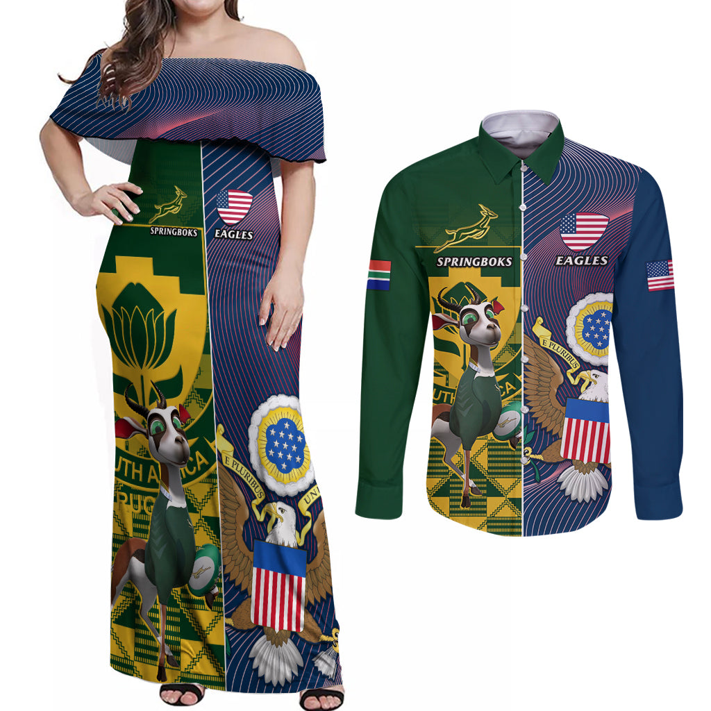 South Africa And United States Rugby Couples Matching Off Shoulder Maxi Dress and Long Sleeve Button Shirts 2023 Springboks Combine Eagles - Wonder Print Shop