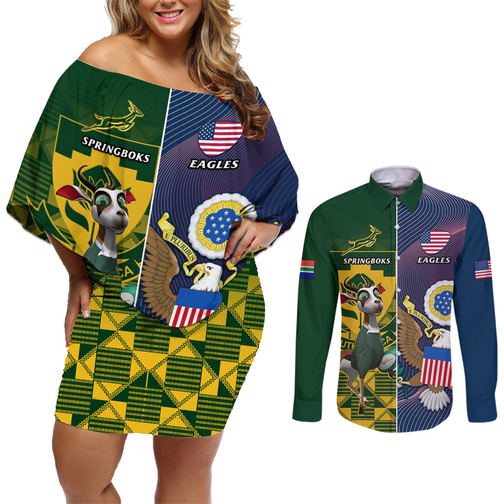 South Africa And United States Rugby Couples Matching Off Shoulder Short Dress and Long Sleeve Button Shirts 2023 Springboks Combine Eagles - Wonder Print Shop