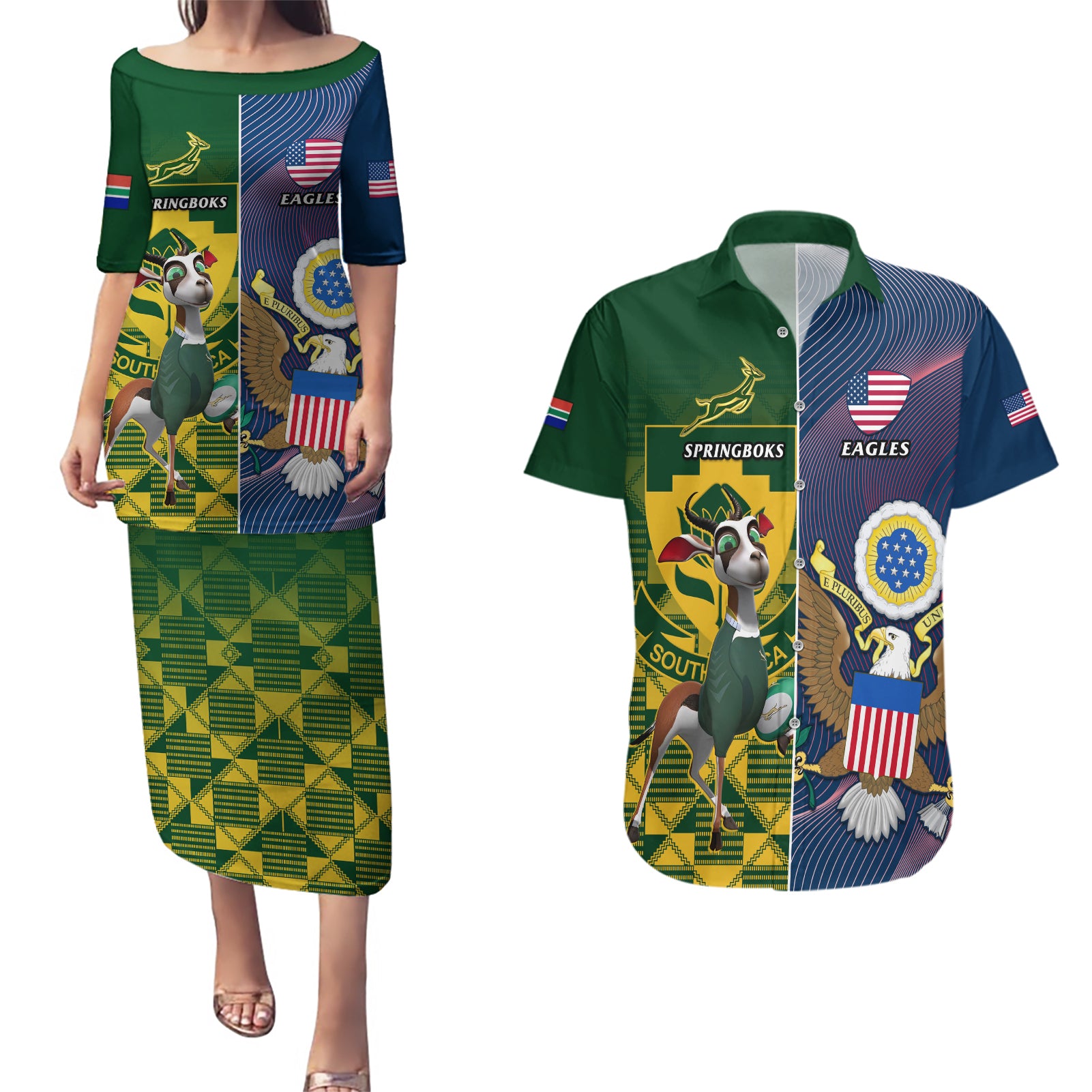 South Africa And United States Rugby Couples Matching Puletasi Dress and Hawaiian Shirt 2023 Springboks Combine Eagles - Wonder Print Shop