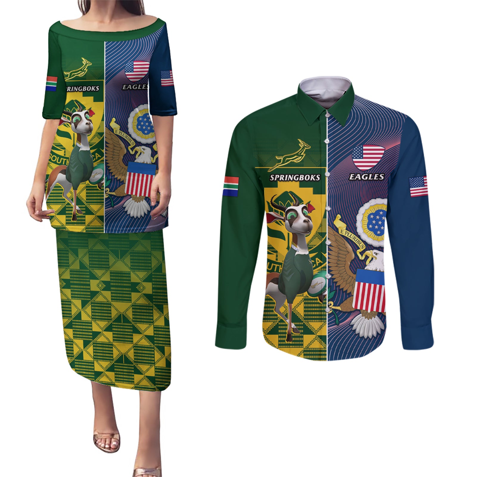 South Africa And United States Rugby Couples Matching Puletasi Dress and Long Sleeve Button Shirts 2023 Springboks Combine Eagles - Wonder Print Shop