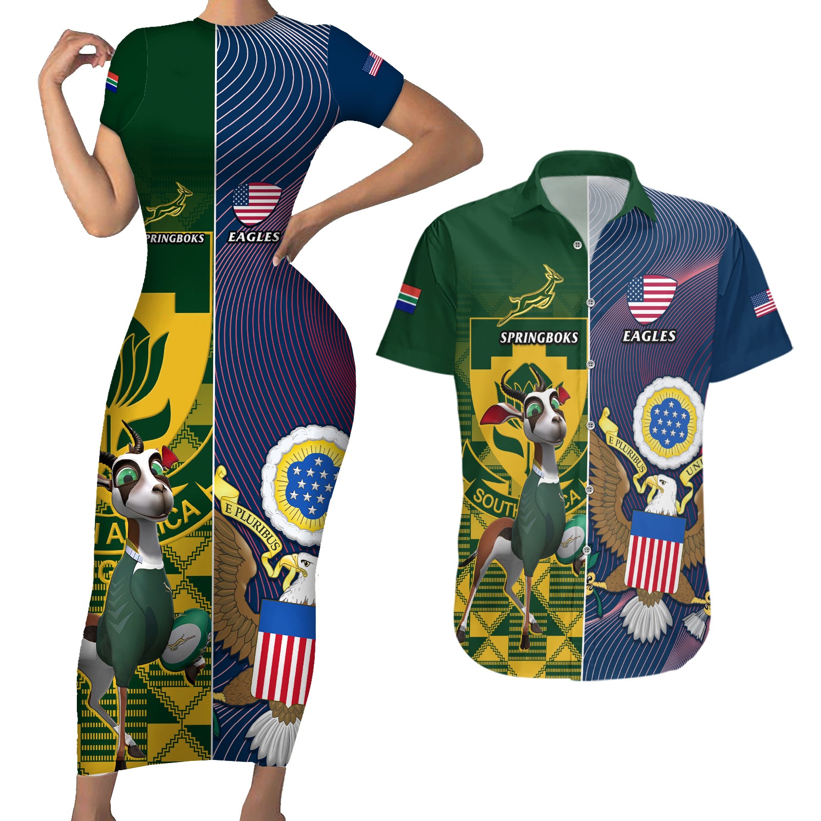 South Africa And United States Rugby Couples Matching Short Sleeve Bodycon Dress and Hawaiian Shirt 2023 Springboks Combine Eagles - Wonder Print Shop