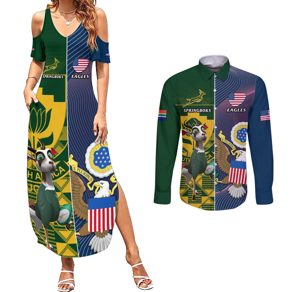 South Africa And United States Rugby Couples Matching Summer Maxi Dress and Long Sleeve Button Shirts 2023 Springboks Combine Eagles - Wonder Print Shop