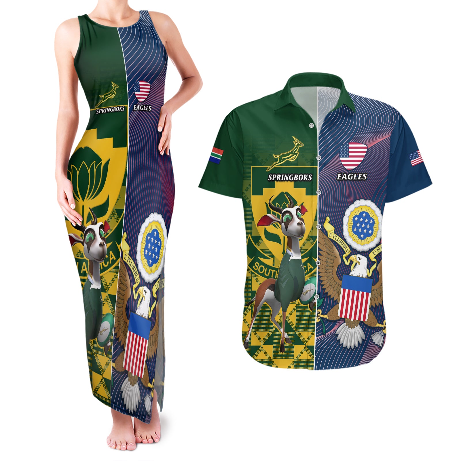 South Africa And United States Rugby Couples Matching Tank Maxi Dress and Hawaiian Shirt 2023 Springboks Combine Eagles - Wonder Print Shop