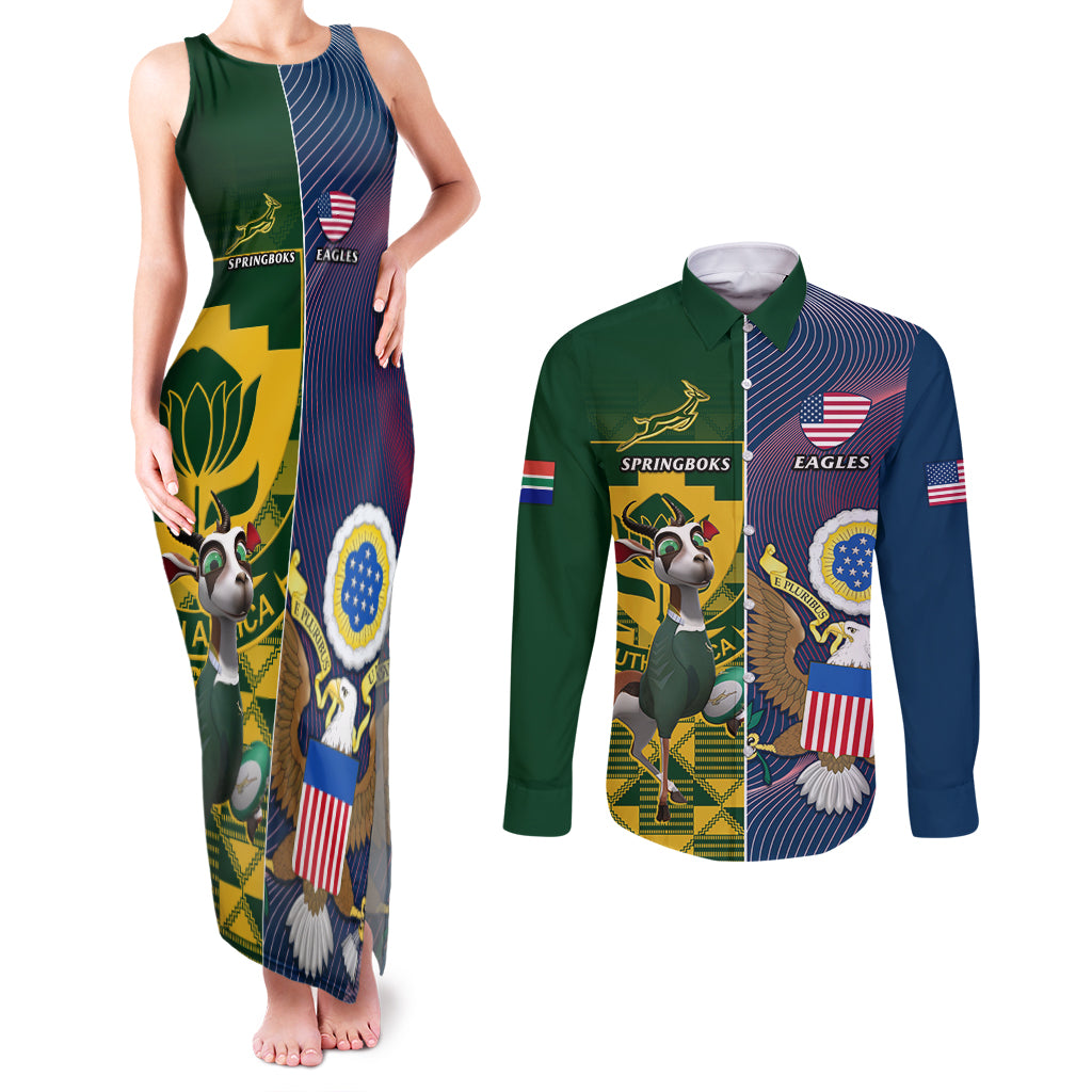 South Africa And United States Rugby Couples Matching Tank Maxi Dress and Long Sleeve Button Shirts 2023 Springboks Combine Eagles - Wonder Print Shop