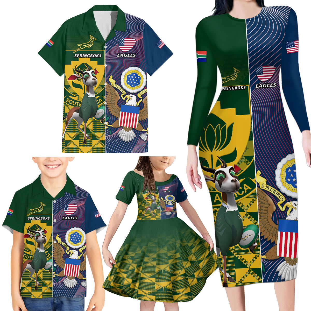 South Africa And United States Rugby Family Matching Long Sleeve Bodycon Dress and Hawaiian Shirt 2023 Springboks Combine Eagles - Wonder Print Shop