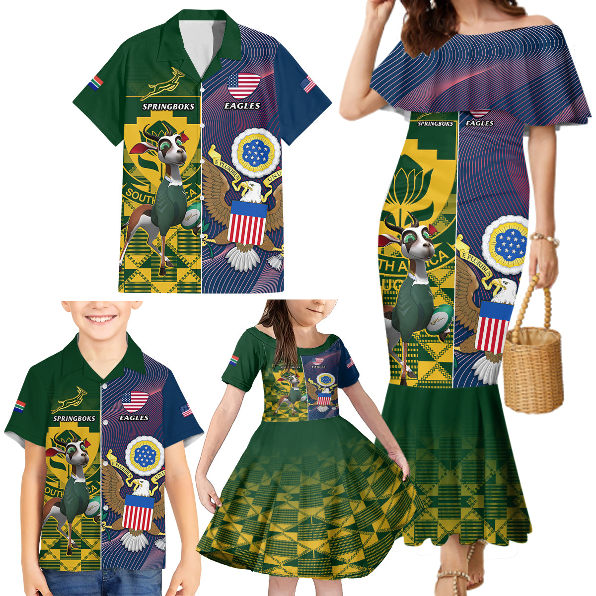 South Africa And United States Rugby Family Matching Mermaid Dress and Hawaiian Shirt 2023 Springboks Combine Eagles - Wonder Print Shop