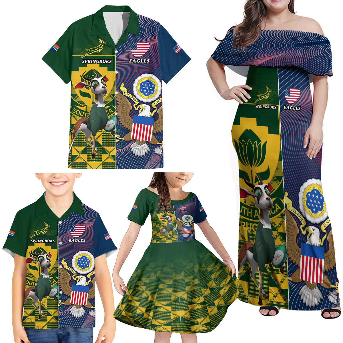 South Africa And United States Rugby Family Matching Off Shoulder Maxi Dress and Hawaiian Shirt 2023 Springboks Combine Eagles - Wonder Print Shop