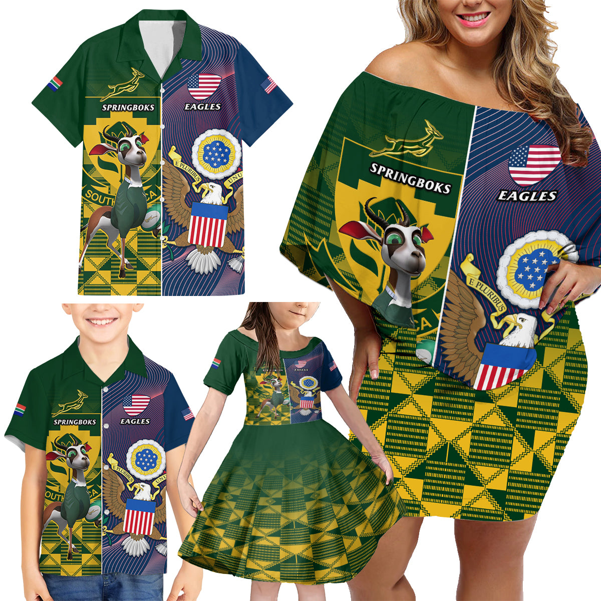 South Africa And United States Rugby Family Matching Off Shoulder Short Dress and Hawaiian Shirt 2023 Springboks Combine Eagles - Wonder Print Shop