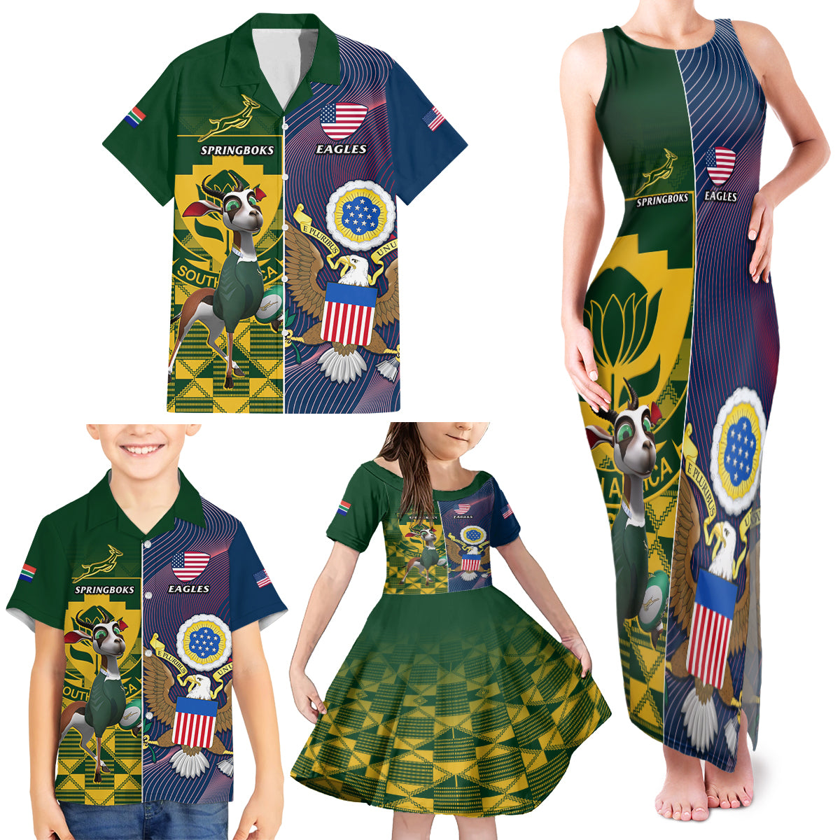 South Africa And United States Rugby Family Matching Tank Maxi Dress and Hawaiian Shirt 2023 Springboks Combine Eagles - Wonder Print Shop