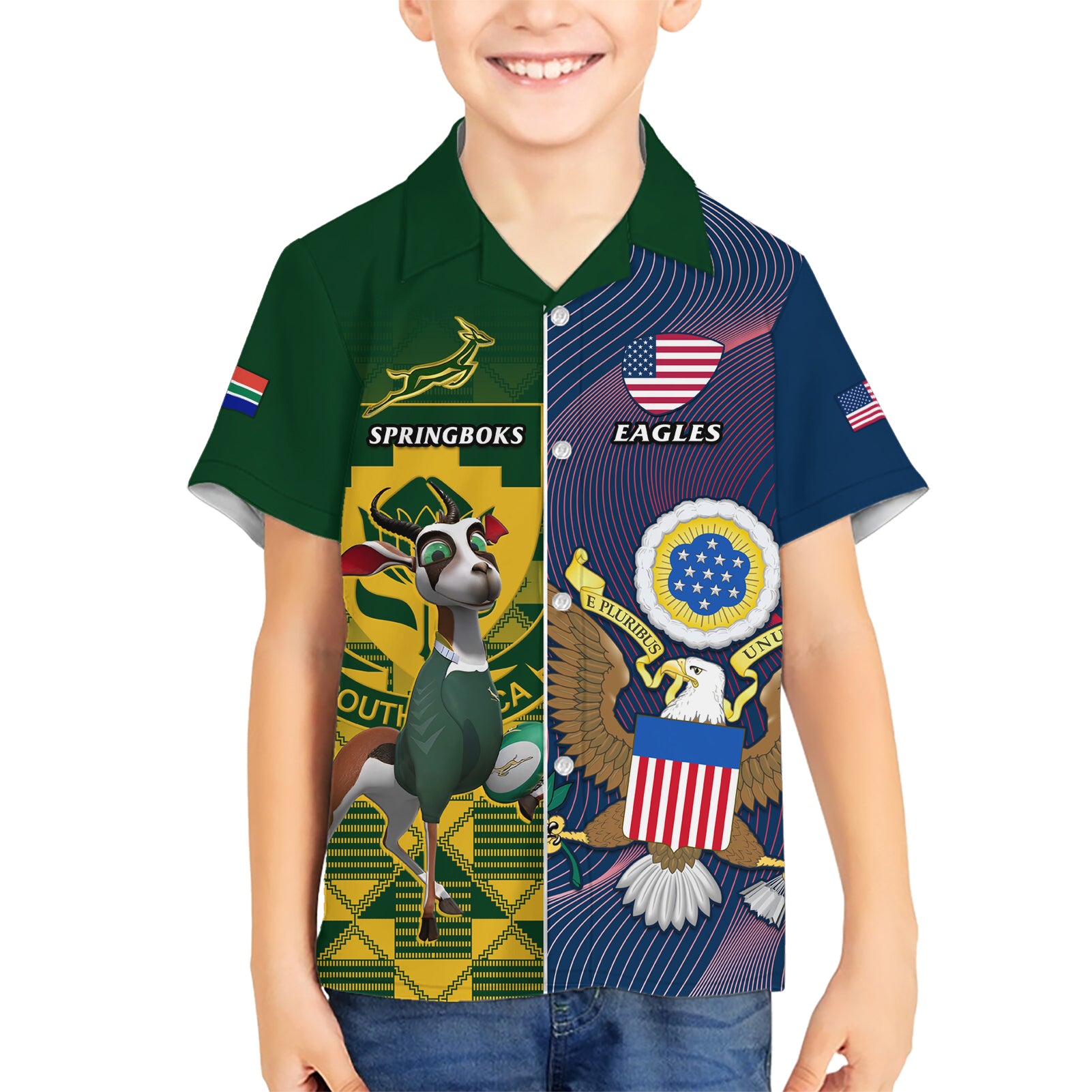 South Africa And United States Rugby Kid Hawaiian Shirt 2023 Springboks Combine Eagles - Wonder Print Shop