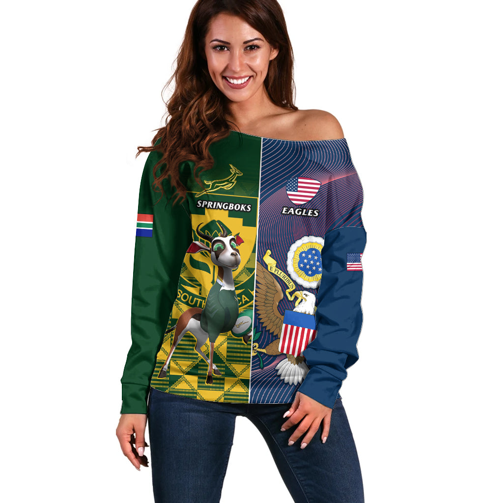 South Africa And United States Rugby Off Shoulder Sweater 2023 Springboks Combine Eagles - Wonder Print Shop