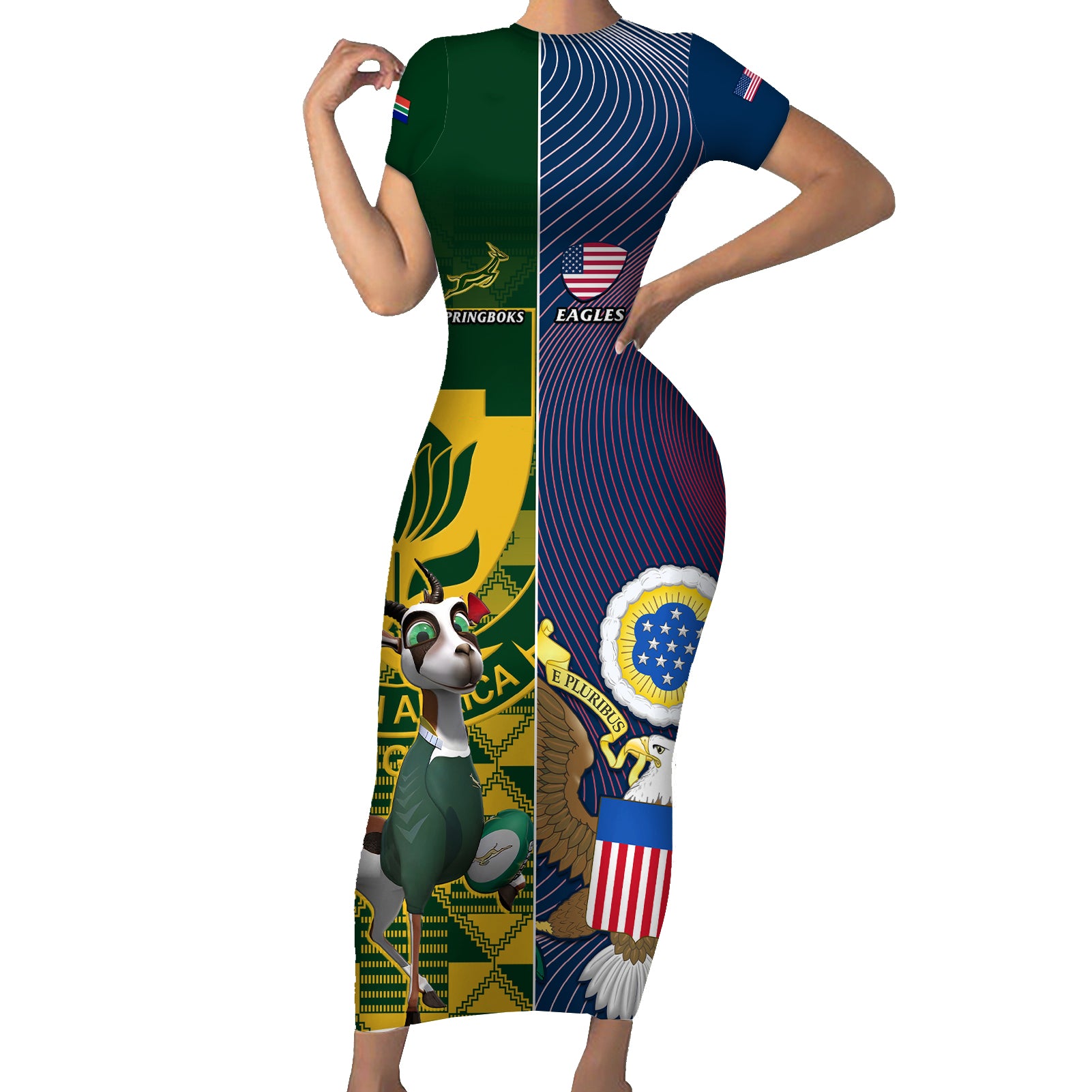 South Africa And United States Rugby Short Sleeve Bodycon Dress 2023 Springboks Combine Eagles - Wonder Print Shop