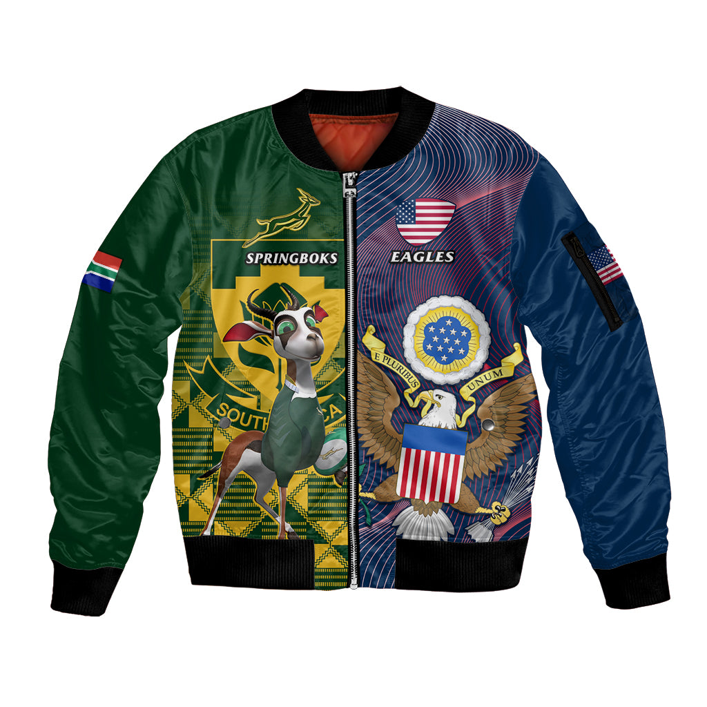 South Africa And United States Rugby Sleeve Zip Bomber Jacket 2023 Springboks Combine Eagles - Wonder Print Shop