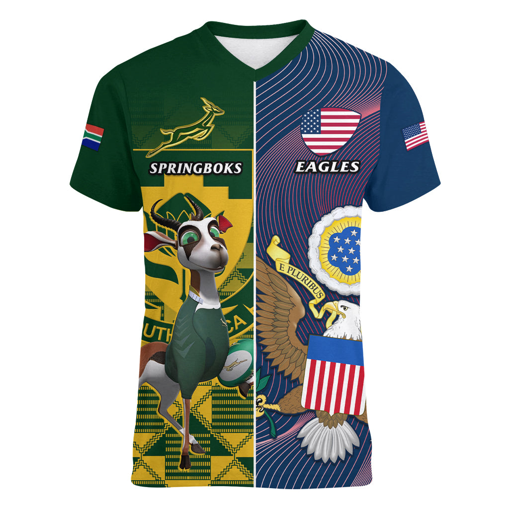 South Africa And United States Rugby Women V Neck T Shirt 2023 Springboks Combine Eagles - Wonder Print Shop