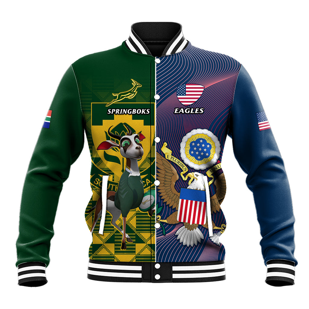 Green and blue rugby baseball jacket with striped rib collar and front graphic patches