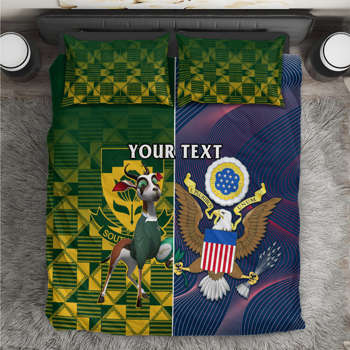Green and blue rugby bedding set with emblems, two pillowcases, and 'YOUR TEXT' on quilt