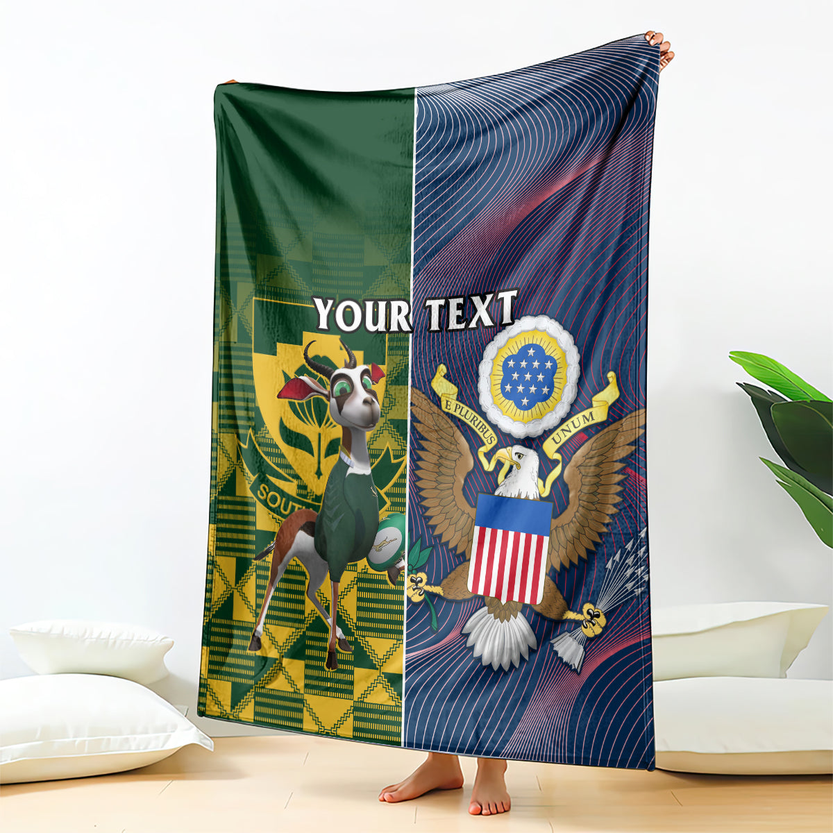Custom rugby blanket with green left panel, blue striped right panel, eagle graphic