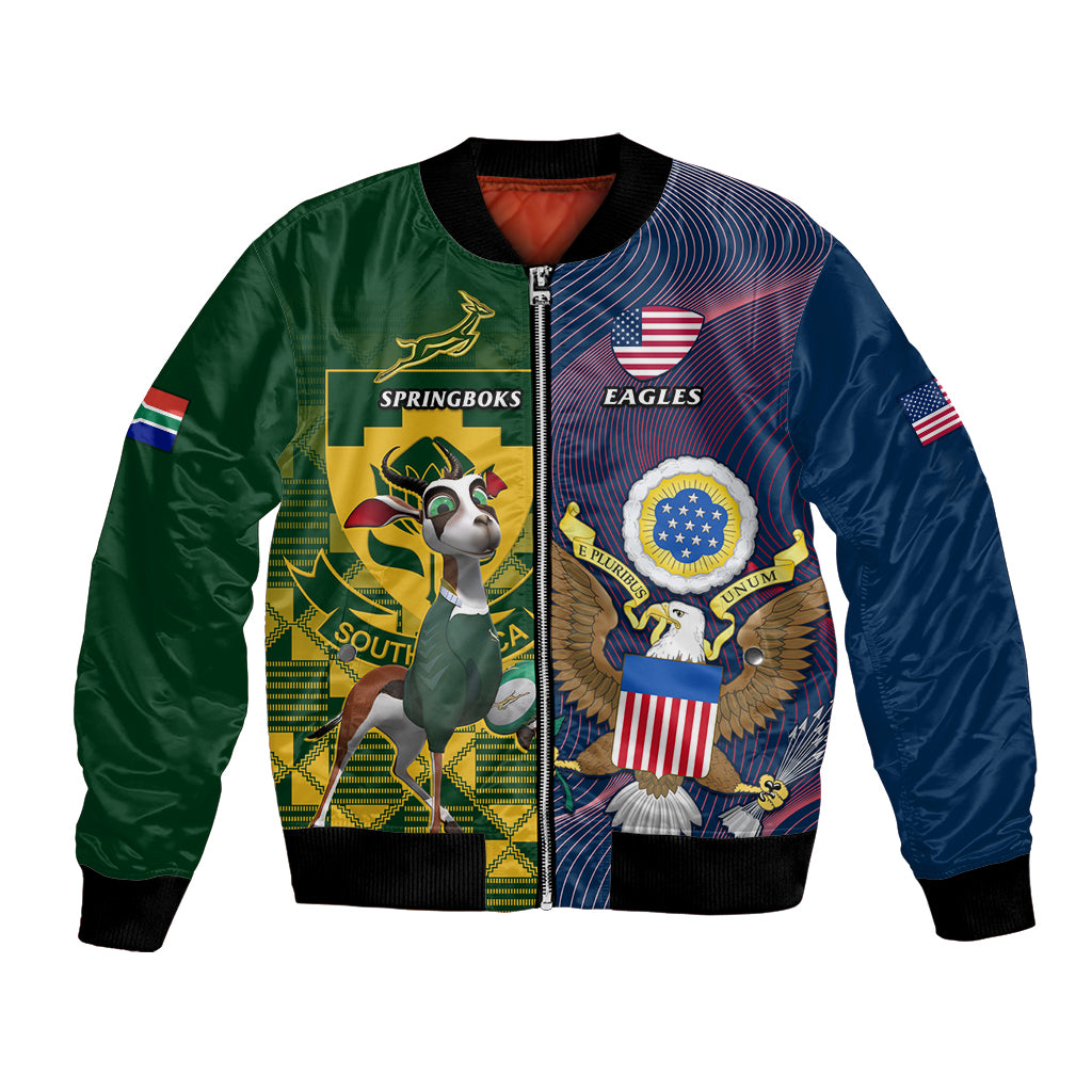 Unisex green and navy rugby bomber jacket with zip front and nation crest graphics