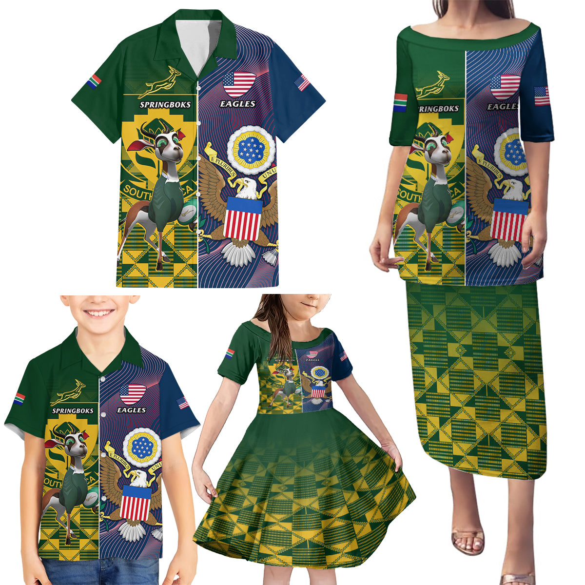 Custom South Africa And United States Rugby Family Matching Puletasi Dress and Hawaiian Shirt 2023 Springboks Combine Eagles - Wonder Print Shop