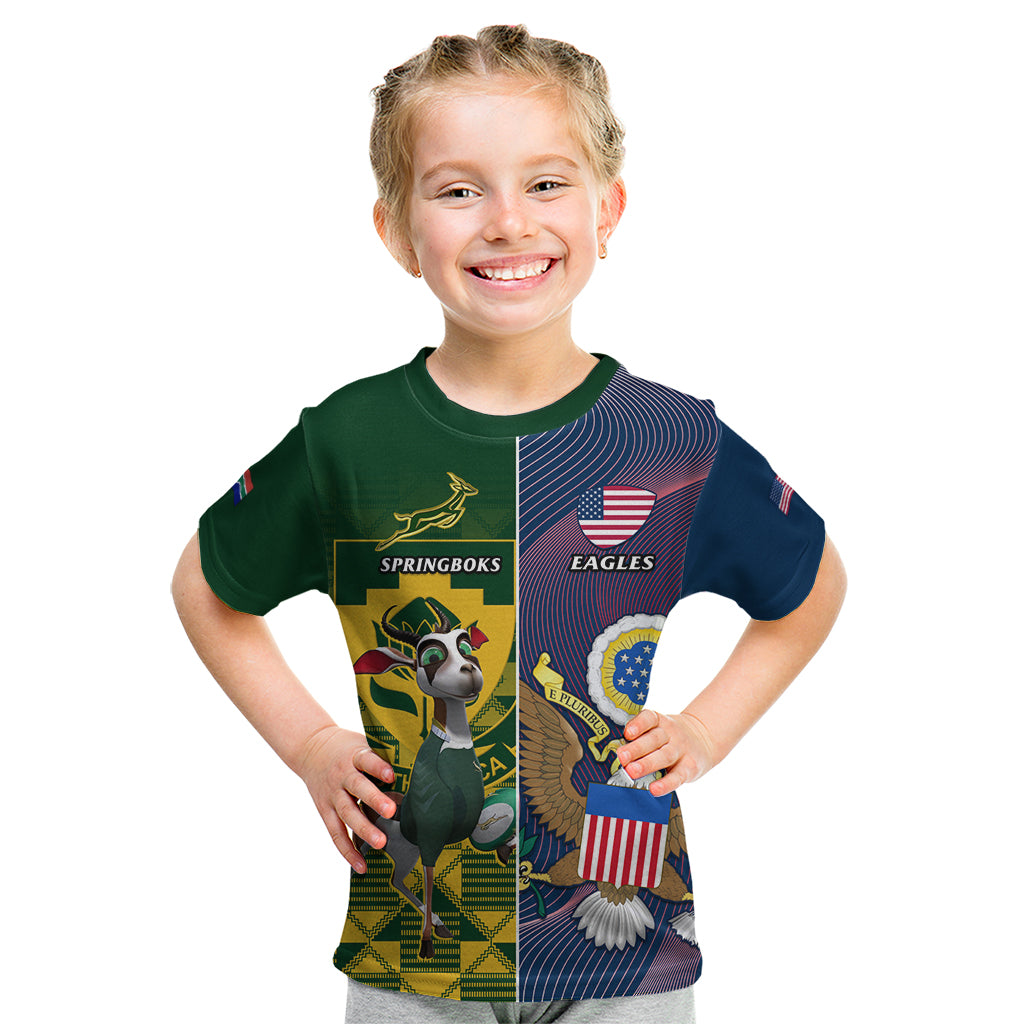 Custom South Africa And United States Rugby Kid T Shirt 2023 Springboks Combine Eagles - Wonder Print Shop