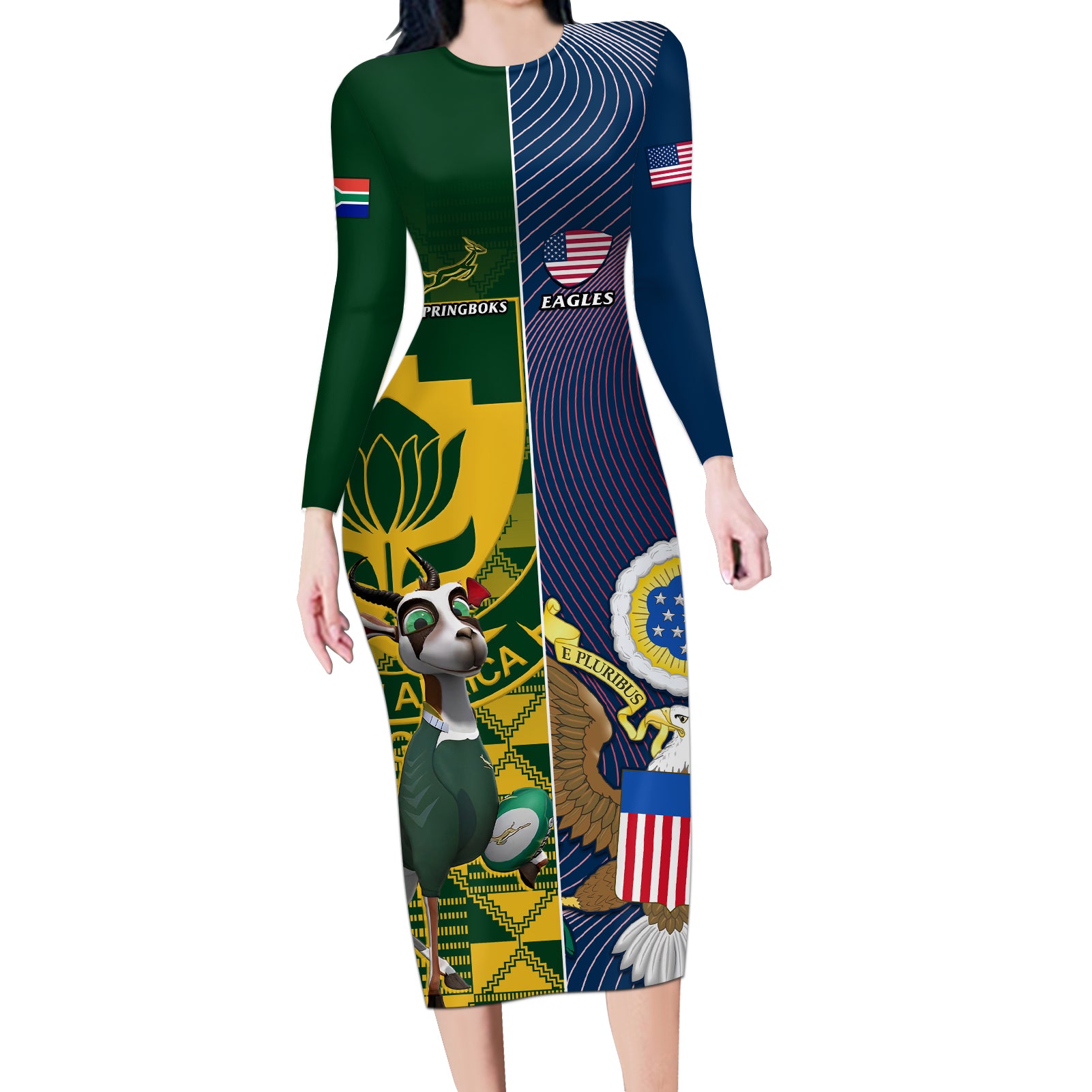 Custom South Africa And United States Rugby Long Sleeve Bodycon Dress 2023 Springboks Combine Eagles - Wonder Print Shop