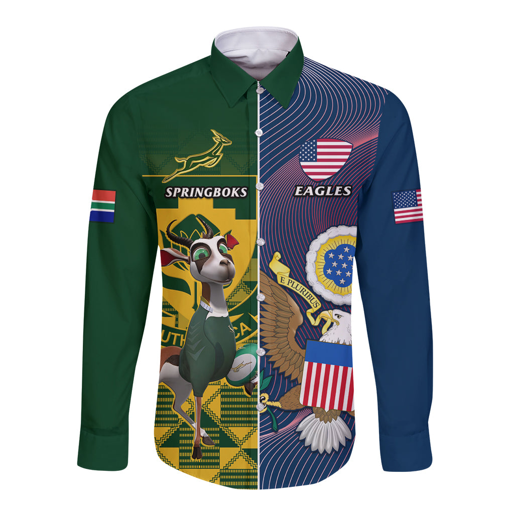 Green and blue rugby button shirt with front graphic and button placket