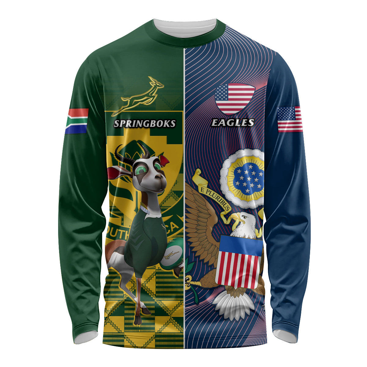 Rugby long-sleeve shirt with green and navy panels, Springboks and Eagles graphics