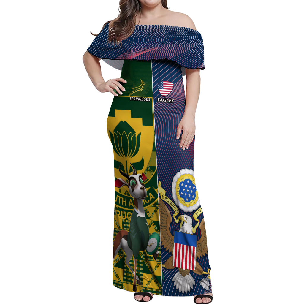 Custom South Africa And United States Rugby Off Shoulder Maxi Dress 2023 Springboks Combine Eagles - Wonder Print Shop