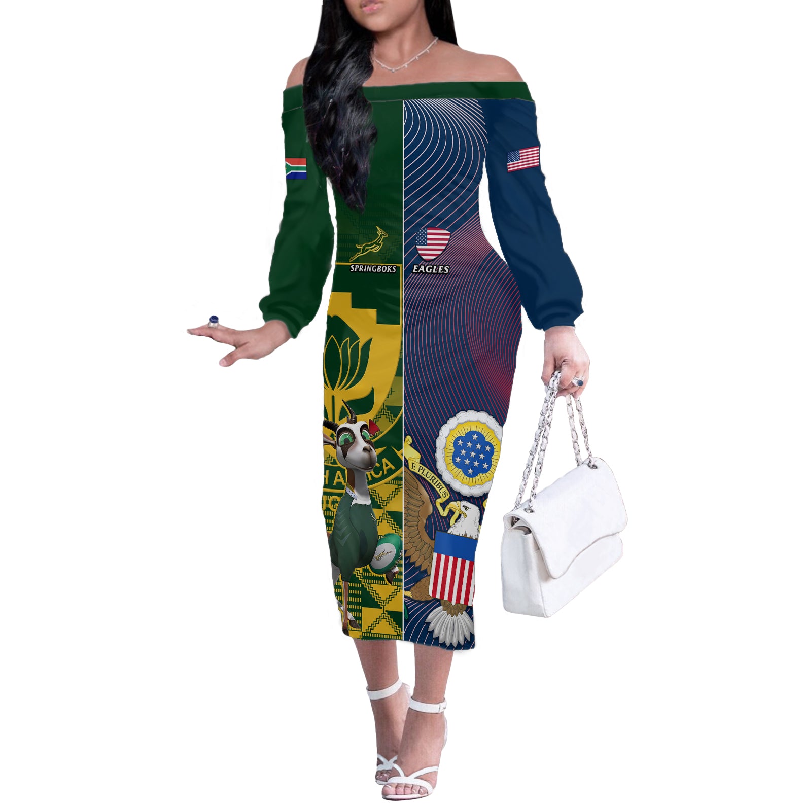 Custom South Africa And United States Rugby Off The Shoulder Long Sleeve Dress 2023 Springboks Combine Eagles - Wonder Print Shop