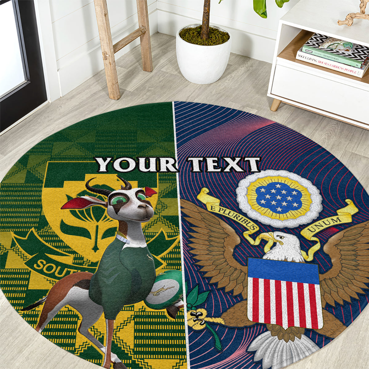 Round green and blue rugby-themed carpet with eagle, lion figure, US flag, and “Your Text”