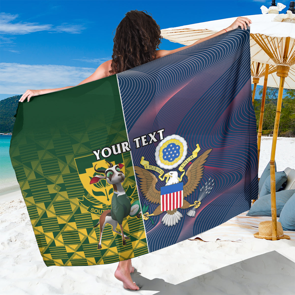 Printed rugby sarong, green and navy with eagle emblem and striped pattern