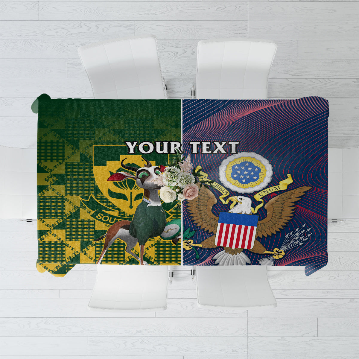 Rugby-themed custom tablecloth, green and blue panels with crest and bird graphics
