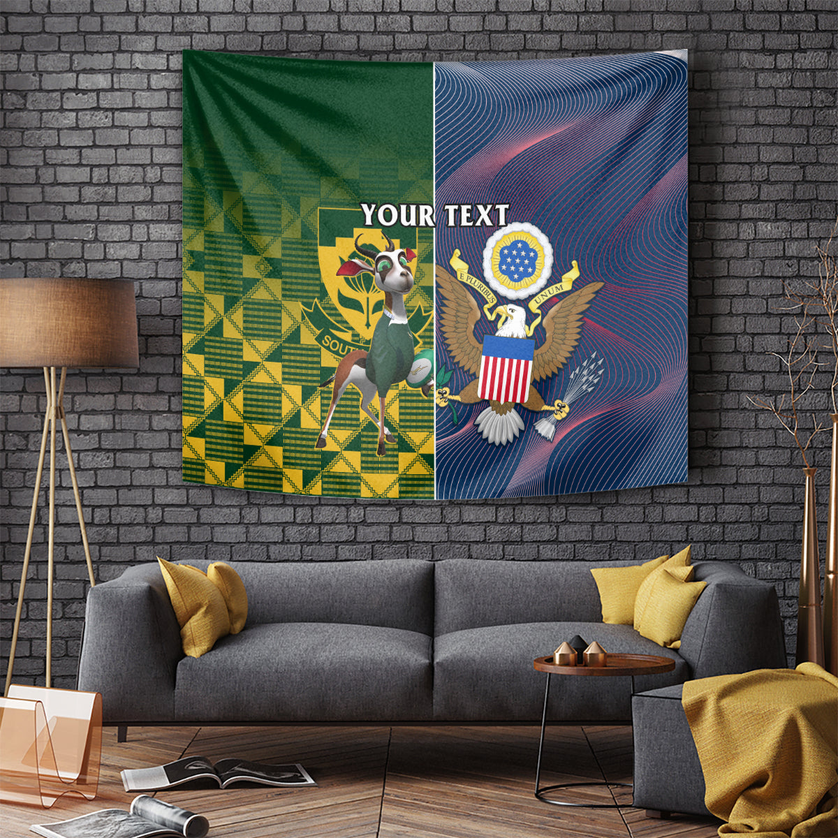 Green and blue split rugby tapestry with centered “YOUR TEXT” and two team emblems