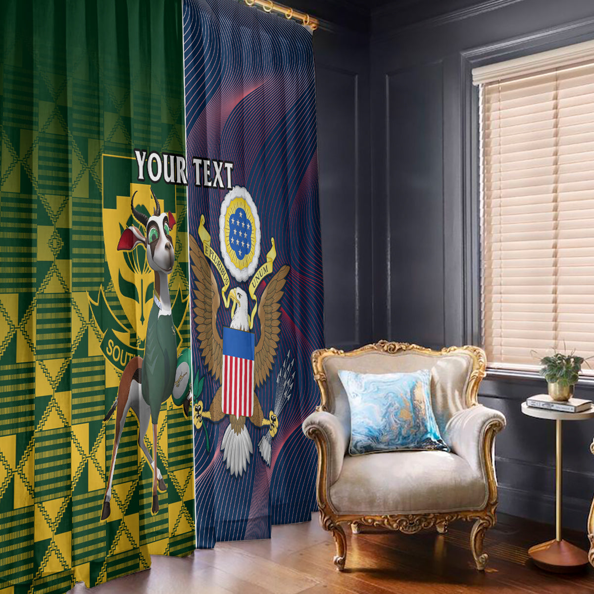 Window curtain pair in green and blue with rugby crest and eagle graphic