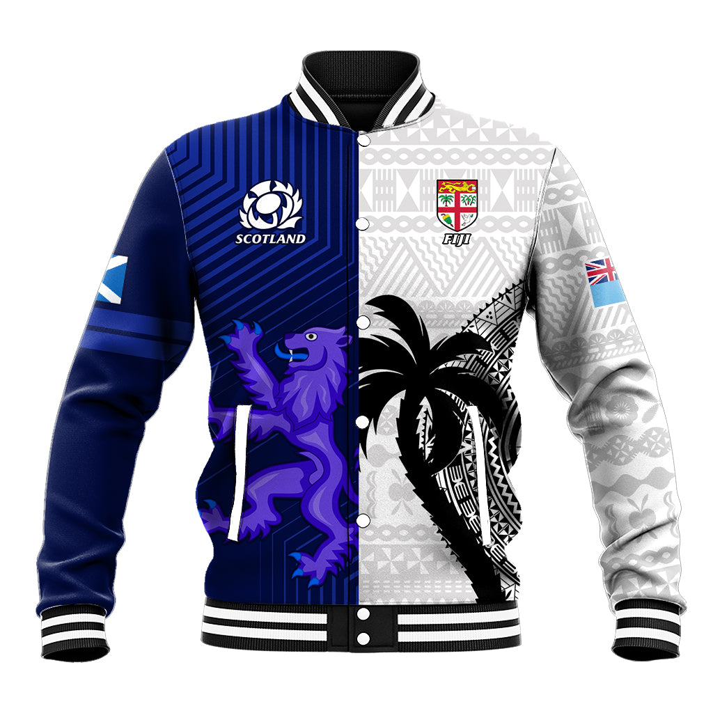 Baseball jacket with blue and white paneling, Scotland lion and geometric tapa prints