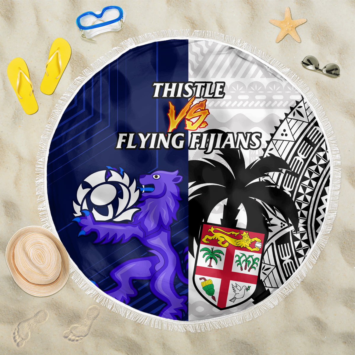 Fiji And Scotland Rugby Beach Blanket Fijian Tapa Pattern With Thistle - Wonder Print Shop