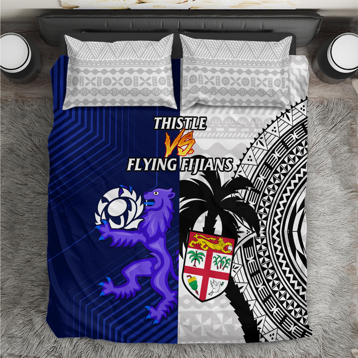 Blue, white, and black rugby bedding set with crest, thistle graphic, and geometric pattern