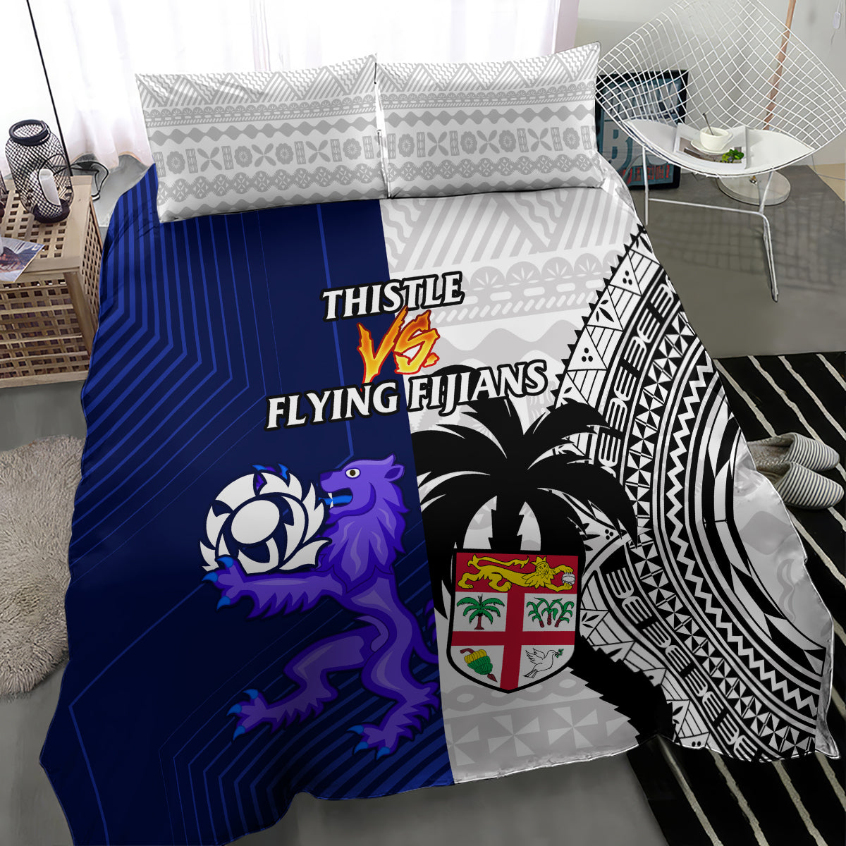Blue and white rugby duvet with thistle vs flying fijians text, crests, and bold patterns