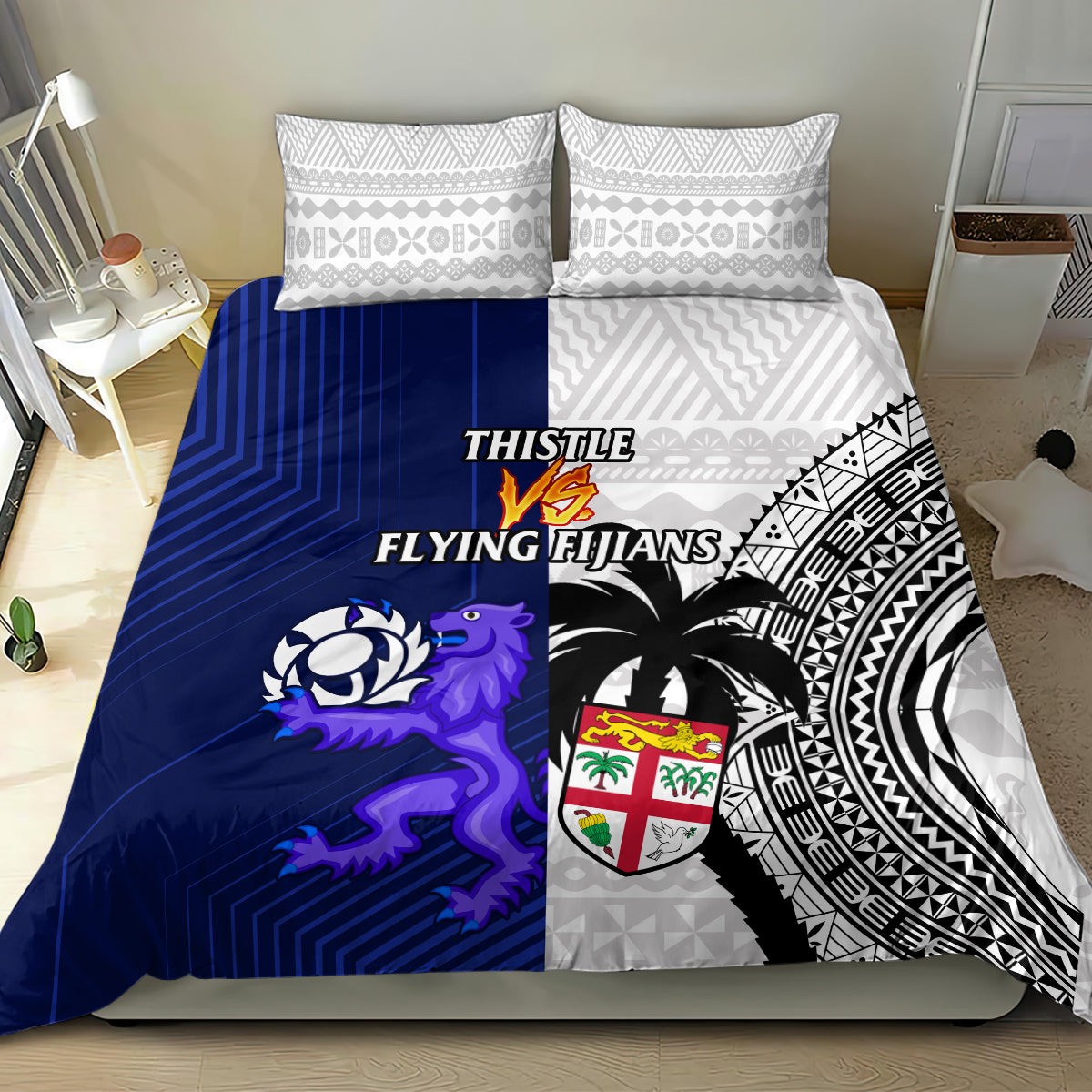 Blue rugby bedding set with pillowcases showing crest shield, thistle graphic, and stripes